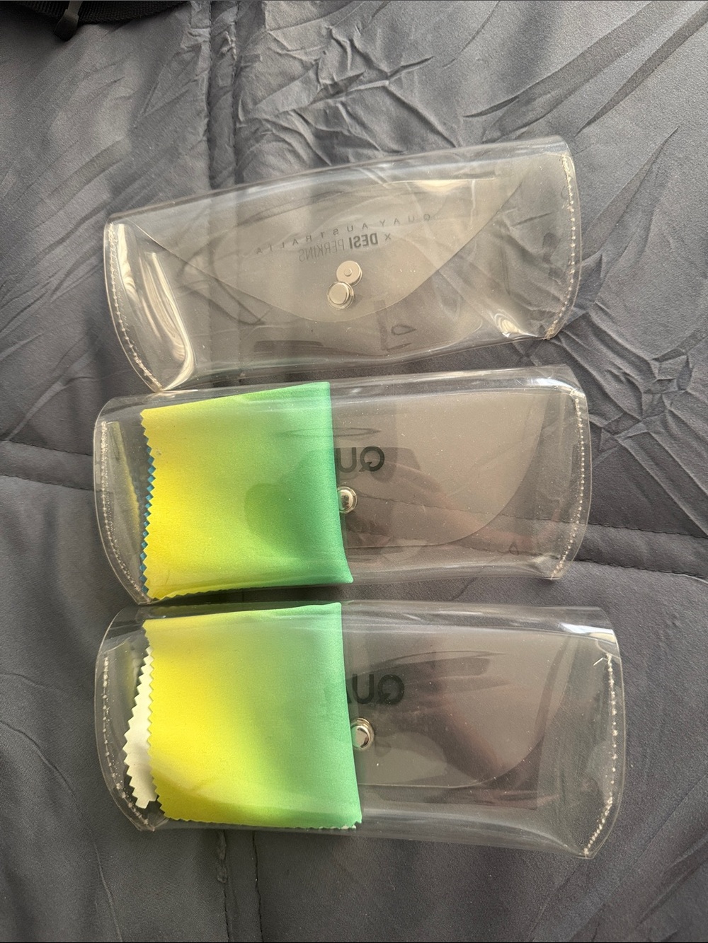 Quay Australia Clear Sunglass Case Trio with Green and Yellow Cloths - Picture 2 of 2